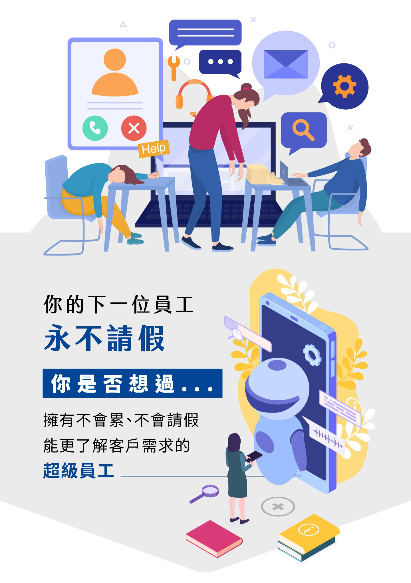 你的下一位超级员工不会累也不会请假，全天候在线提供智能客服与专业支持，协助企业提升效率与服务品质，AI 员工能快速理解客户需求，减少人力成本并优化营运流程，让公司不再因人员请假而影响服务，智能化的自动客服系统与AI助理不仅能精准回复问题，也能持续学习改善服务体验，打造企业专属的数位员工，为品牌创建长期竞争力。
